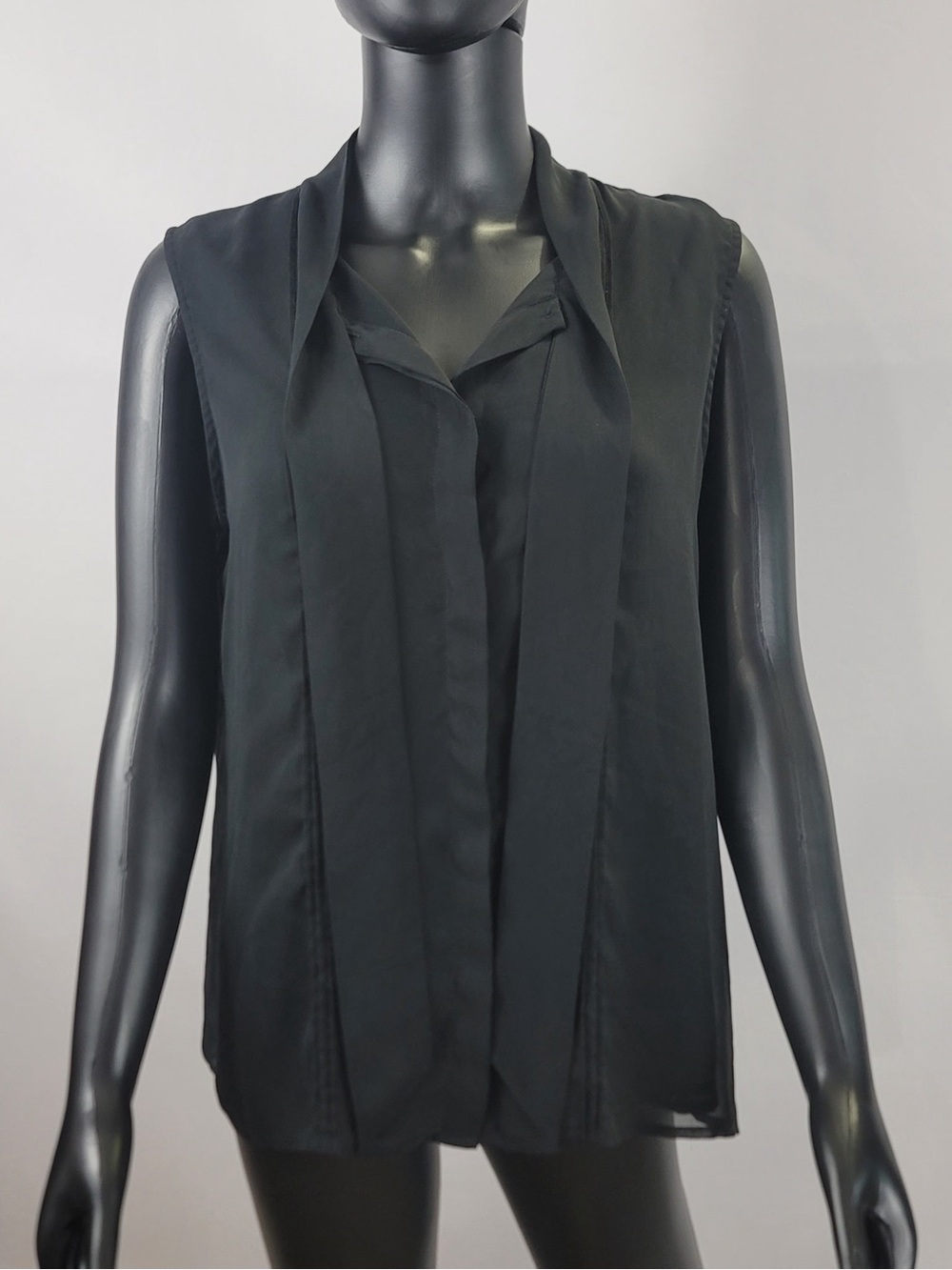 Size Large Sleeveless Black Tie-Front Satin Blouse - Womens Top